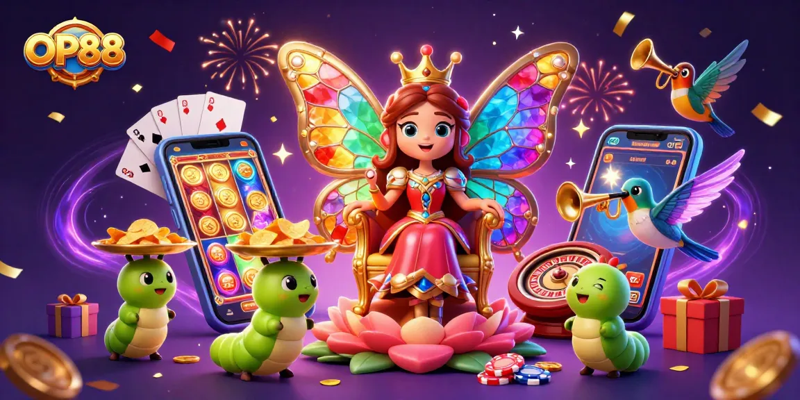 Experience the vibrant excitement of OP88 with dazzling visuals of casino games and characters.