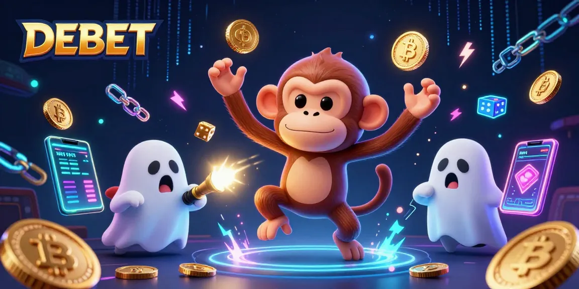 Engage with DEBET's animated casino scene of a poltergeist monkey juggling gold while a ghost-hunter puppy tracks it.