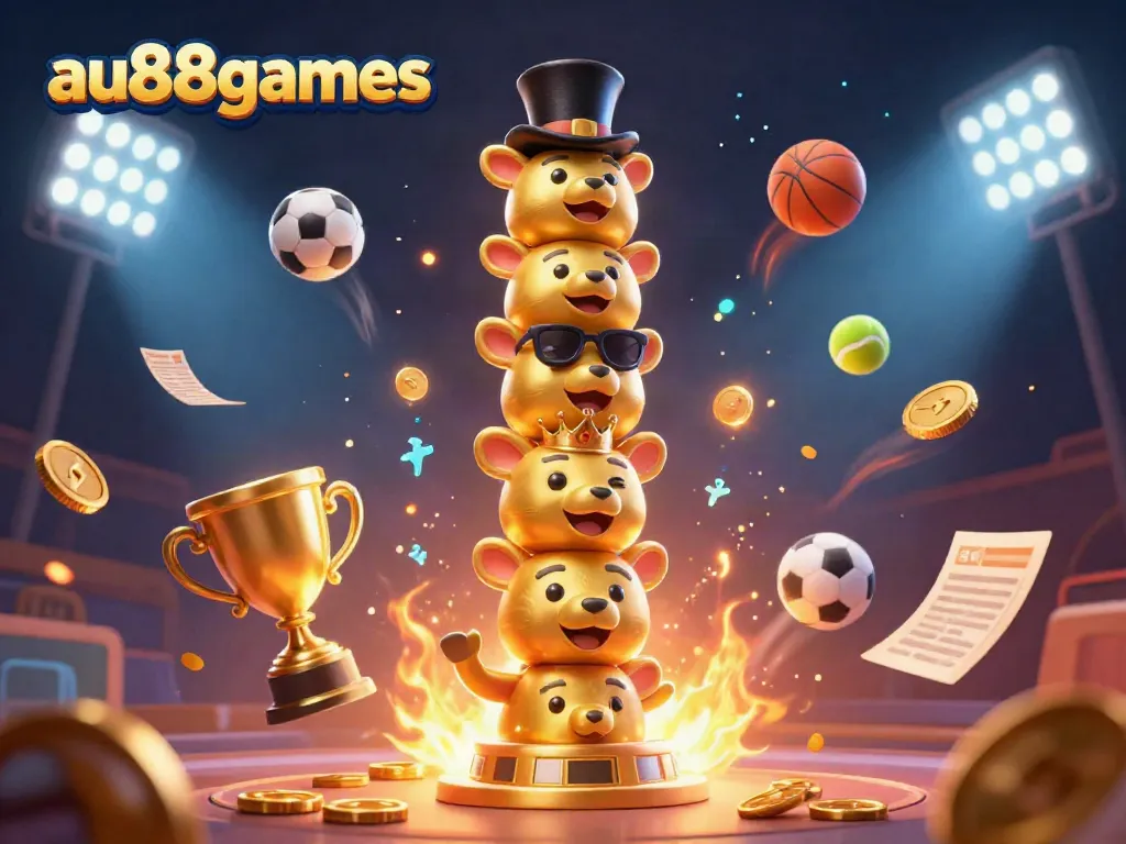 Engage with thrilling sports and casino fun at au88games in a vibrant 3D illustration of a dynamic gaming scene.