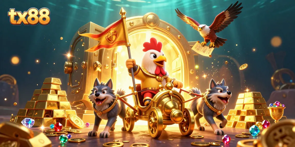 tx88 showcases thrilling casino elements with a 3D rooster warlord and treasure in dynamic art.