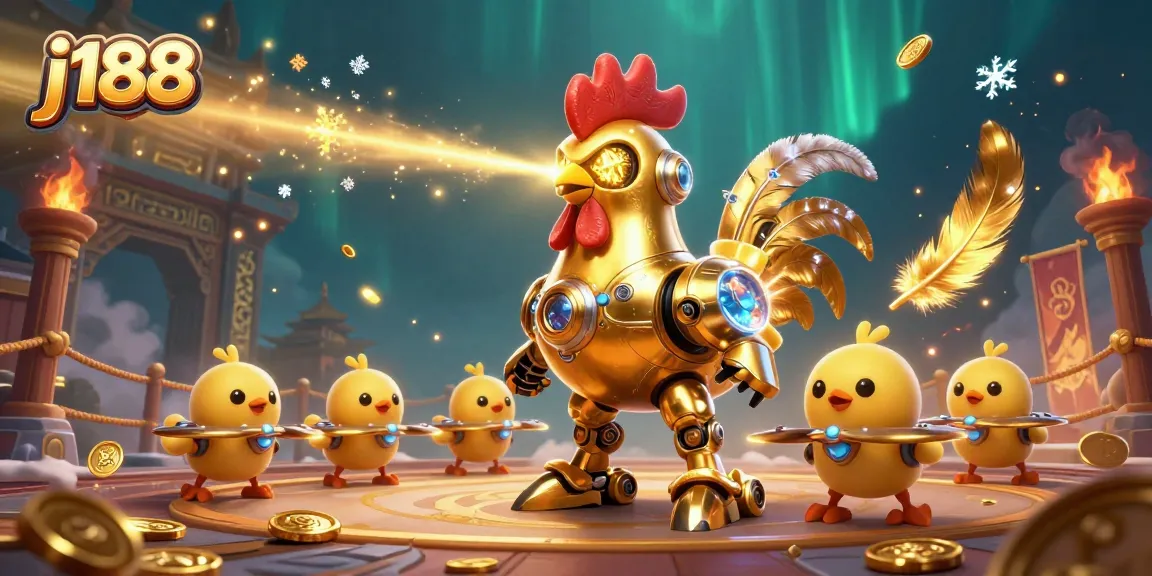 Engage in exciting games at j188, featuring a spectacular golden rooster robot and baby chick drones in a dynamic casino scene.