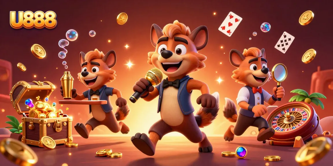 Join the fun at U888 Casino with lively hyenas running the stage and bar in this vibrant scene.
