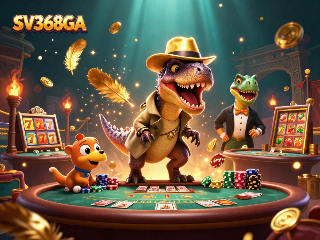 SV368GA: A dynamic 3D scene with a velociraptor at a blackjack table, featuring exciting casino elements.