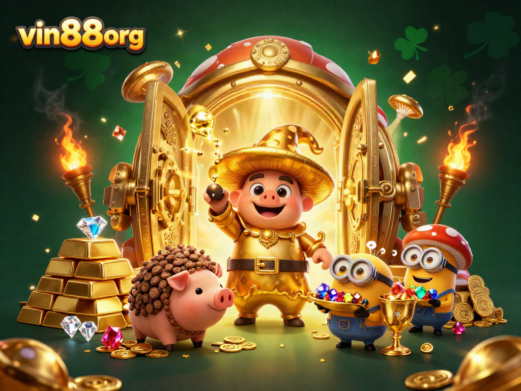 vin88org offers a vibrant casino scene featuring a magical mushroom wizard and treasure hunt elements.