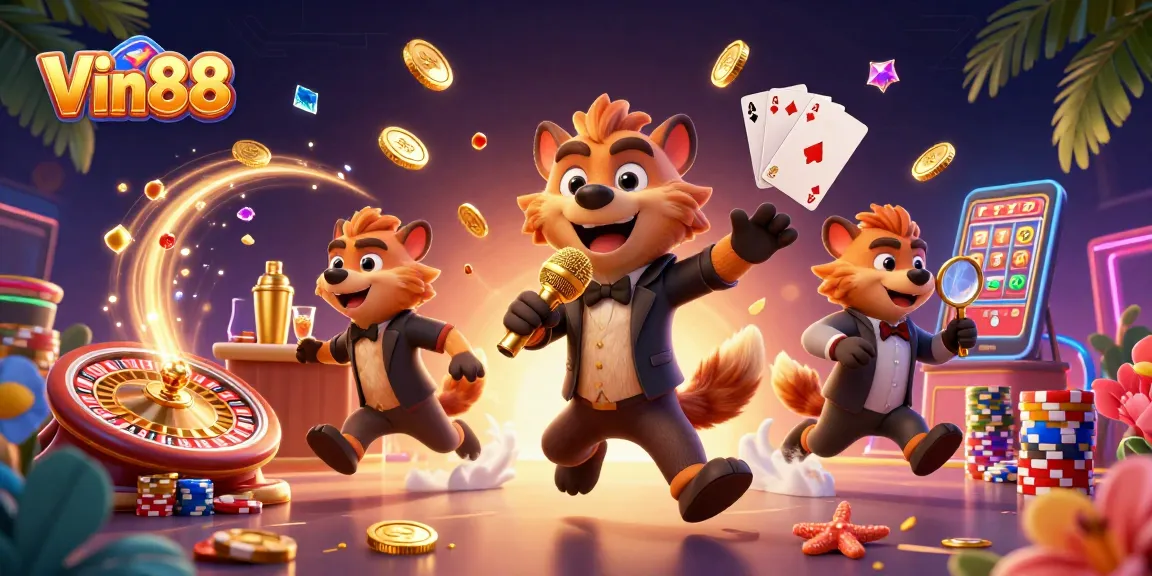 Vin88 ignites excitement with 3D hyenas running a vibrant casino scene filled with sparkling gems and gold.