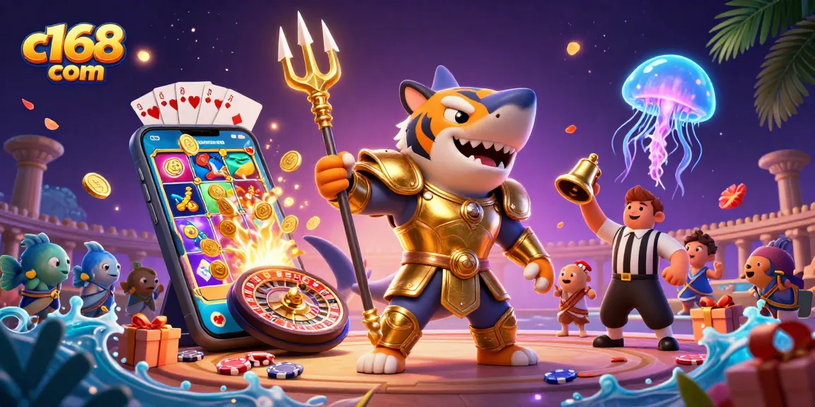 Experience thrilling gameplay at c168 com with vibrant 3D illustrations of poker games and underwater adventures.