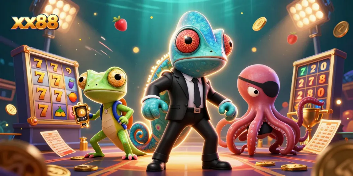 Engage with xx88's gaming thrill featuring slot reels, colorful symbols, and action-packed characters.