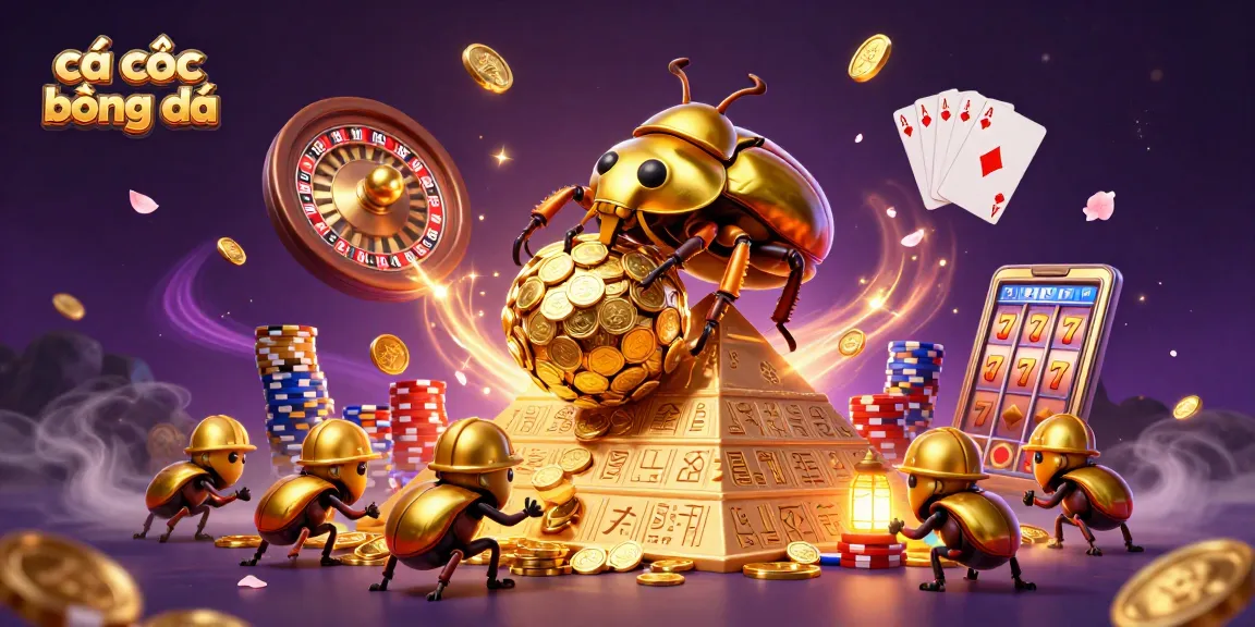 Cá cược bóng đá illustration featuring golden beetles rolling coins, surrounded by casino symbols.