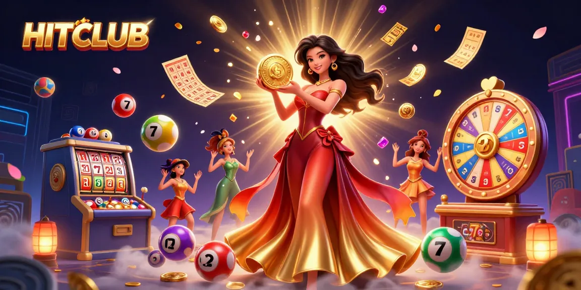 Experience HITCLUB with vibrant gaming elements, jackpot coins, and dynamic prizes in a captivating casino scene.