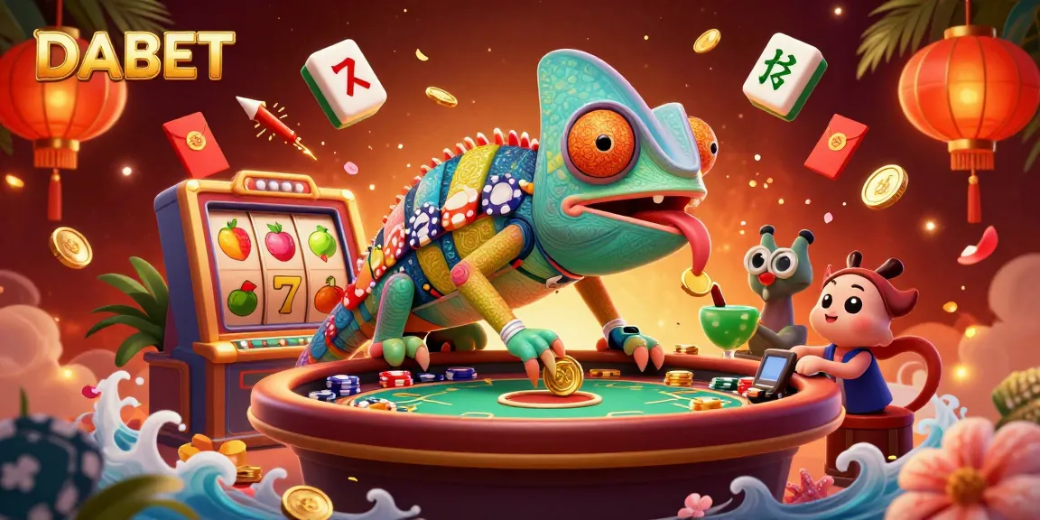 DABET Casino Owner chameleon snatching golden coins, surrounded by vibrant slot elements in 3D art.