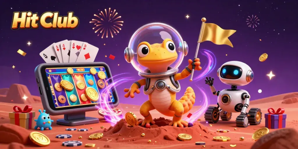 Hit Club showcases excitement in a vibrant casino environment with games, coins, and cheering aliens.