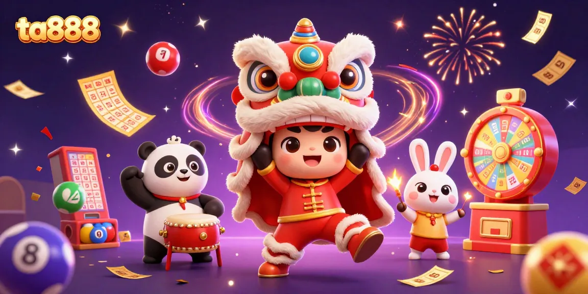 Experience thrilling lottery action with ta888's vibrant scene featuring festive characters and gaming elements.