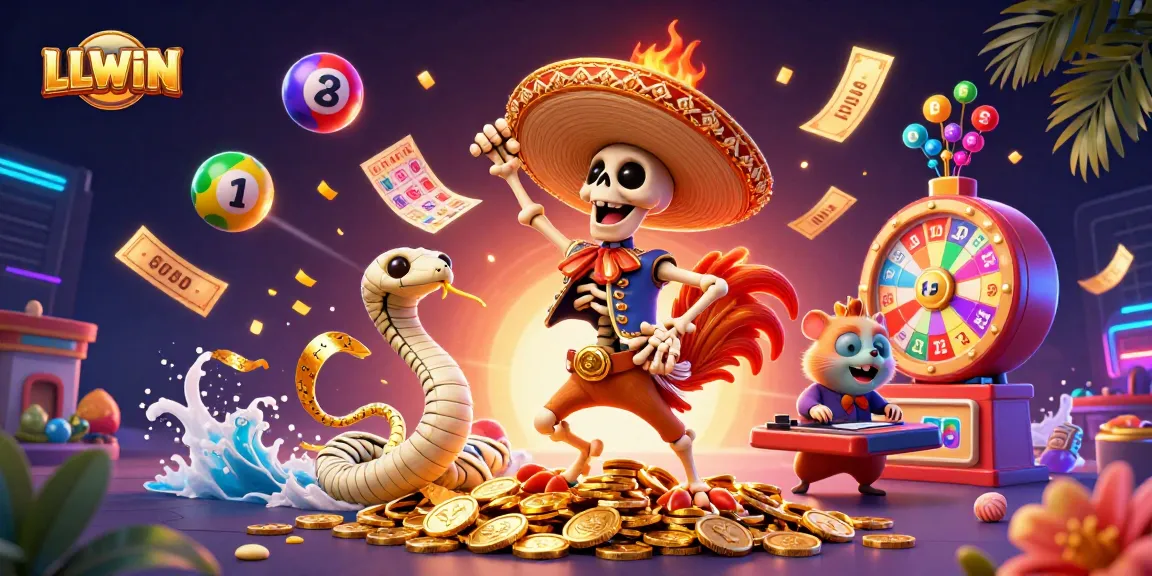 Experience LLWIN's vibrant lottery action with a dynamic illustration of colorful themed characters.