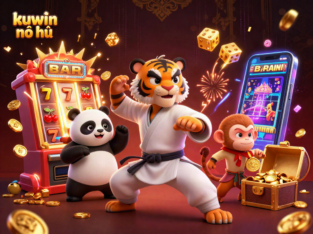 Engage with kuwin nổ hũ gameplay, featuring vibrant characters and exciting casino elements in a dynamic 3D scene.