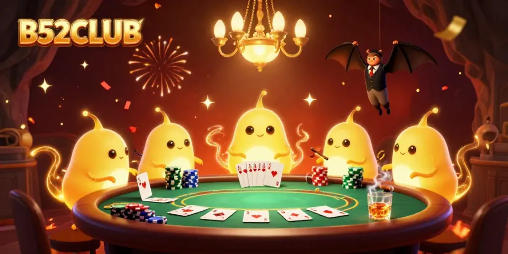 Experience the excitement of B52CLUB at a vibrant casino filled with glowworms, poker tables, and festive atmosphere.
