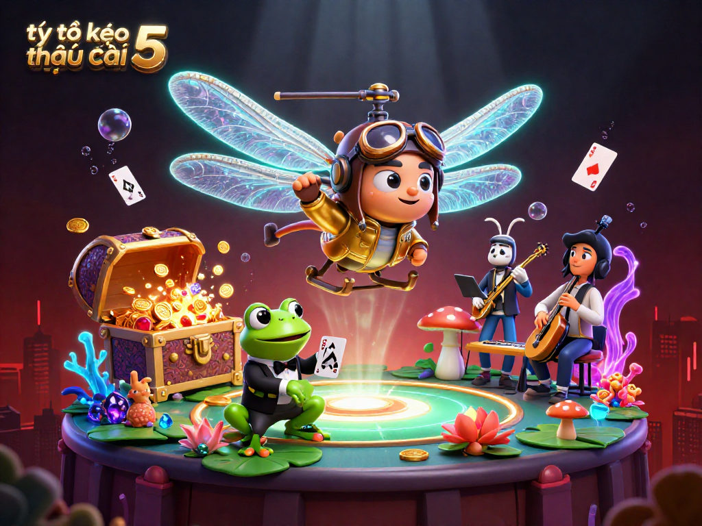 Experience the excitement of tỷ lệ kèo nhà cái 5 with vibrant 3D casino illustration featuring dynamic characters and lively elements.