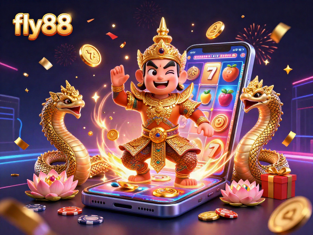 Experience excitement with fly88 in a vibrant casino scene showcasing a Thai guardian amidst slot games and festive elements.