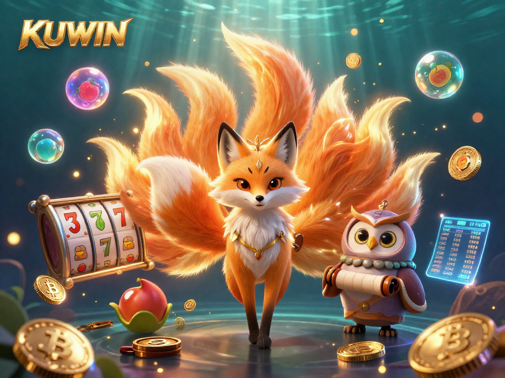 Engage with KUWIN's live casino experience featuring a vibrant nine-tailed fox spirit and enchanted elements.