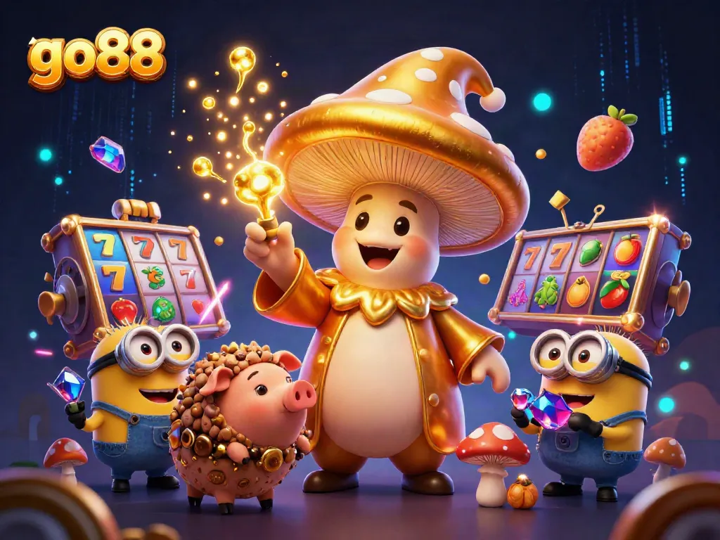 Experience the magic of go88 with a golden mushroom wizard and treasure-hunting elements in a casino-themed illustration.