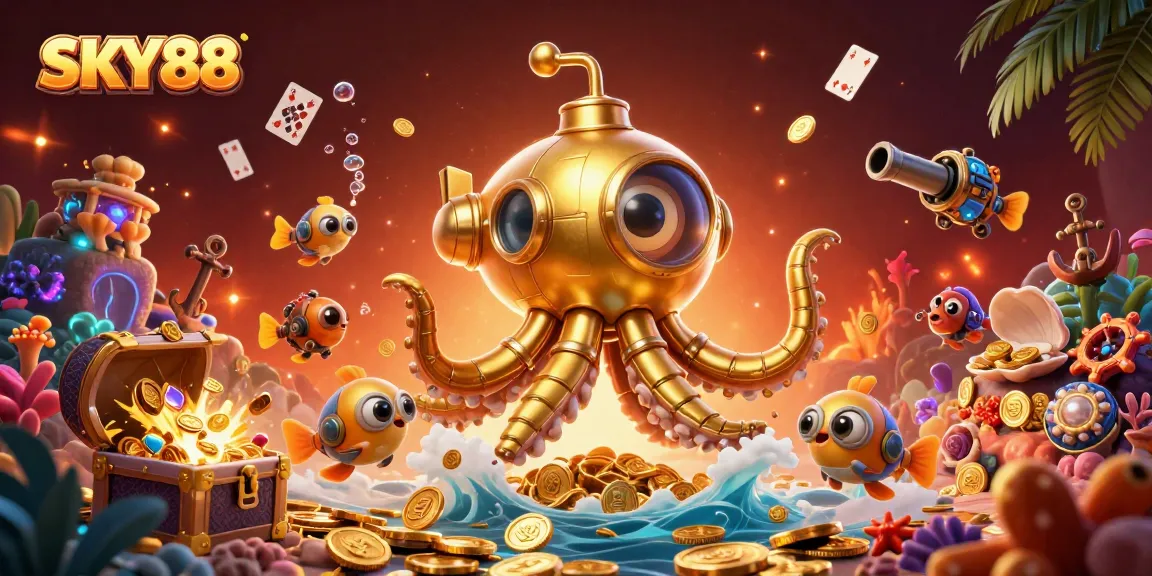 Experience thrilling gameplay with SKY88 as a golden kraken submarine emerges from gold coins.