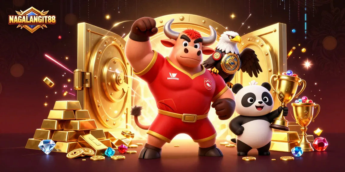 NAGALANGIT88 showcases a dynamic casino scene with a victorious mascot and treasure elements.