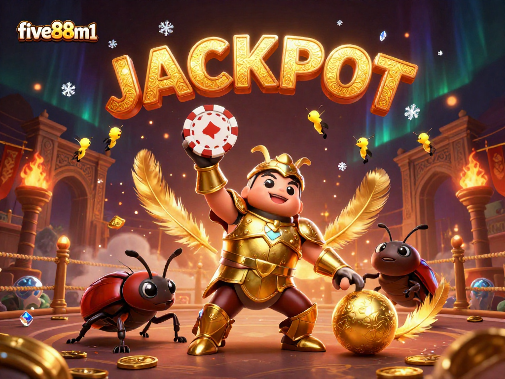 Experience exciting wins at five88m1 with a victorious hercules beetle in a vibrant casino scene revealing a jackpot!