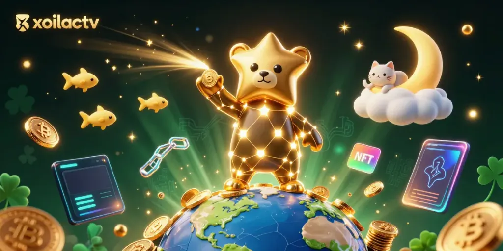 Experience the magic of xoilactv as the constellation bear gathers coins amid vibrant digital elements in a thrilling gaming scene.