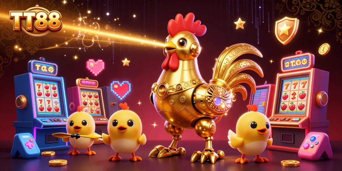 Engage with TT88 as the golden rooster robot leads playful baby chick drones in a vibrant casino scene.