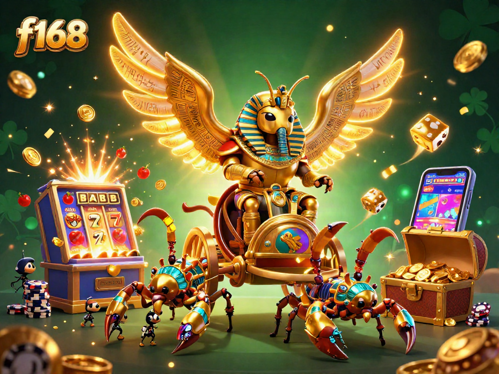 Experience vibrant f168 casino action with a colossal golden scarab beetle amidst thrilling game elements.