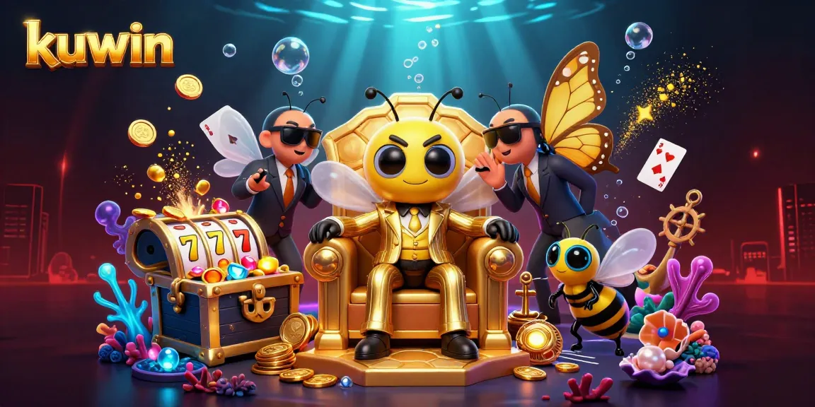 Kuwin-themed illustration of a bumblebee mob boss with slot elements and treasure