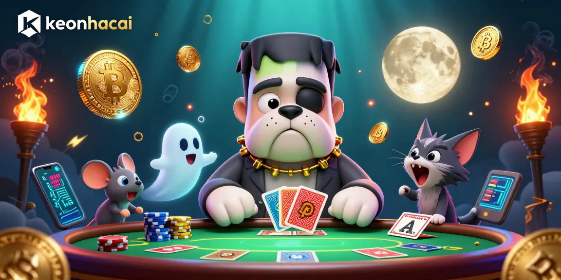 Engage in keonhacai betting strategies with a lively poker showdown featuring unique characters and crypto elements.