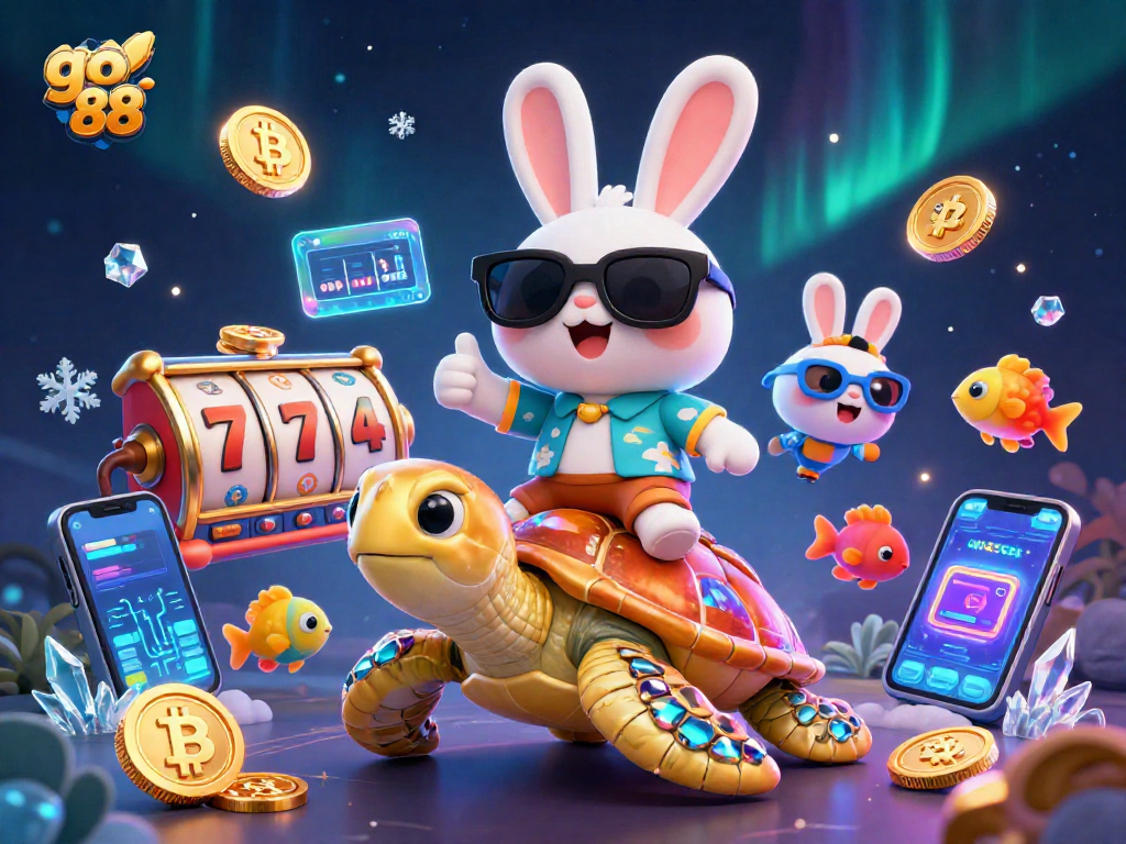 Experience exciting slot jackpots with go 88, featuring the lucky rabbit and golden turtle on a vibrant casino adventure.