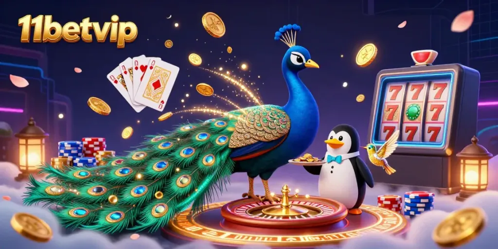 Experience the thrilling games at 11betvip with a vibrant casino illustration depicting a peacock, penguin, and hummingbird amidst dynamic casino elements.