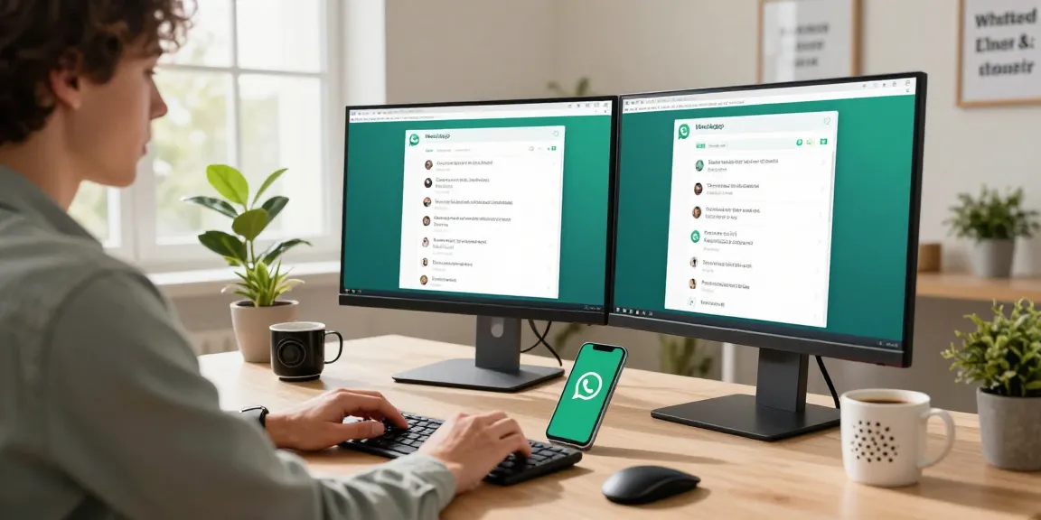 Using WhatsApp電腦版 in a modern home office with dual monitors and a smartphone for seamless communication.