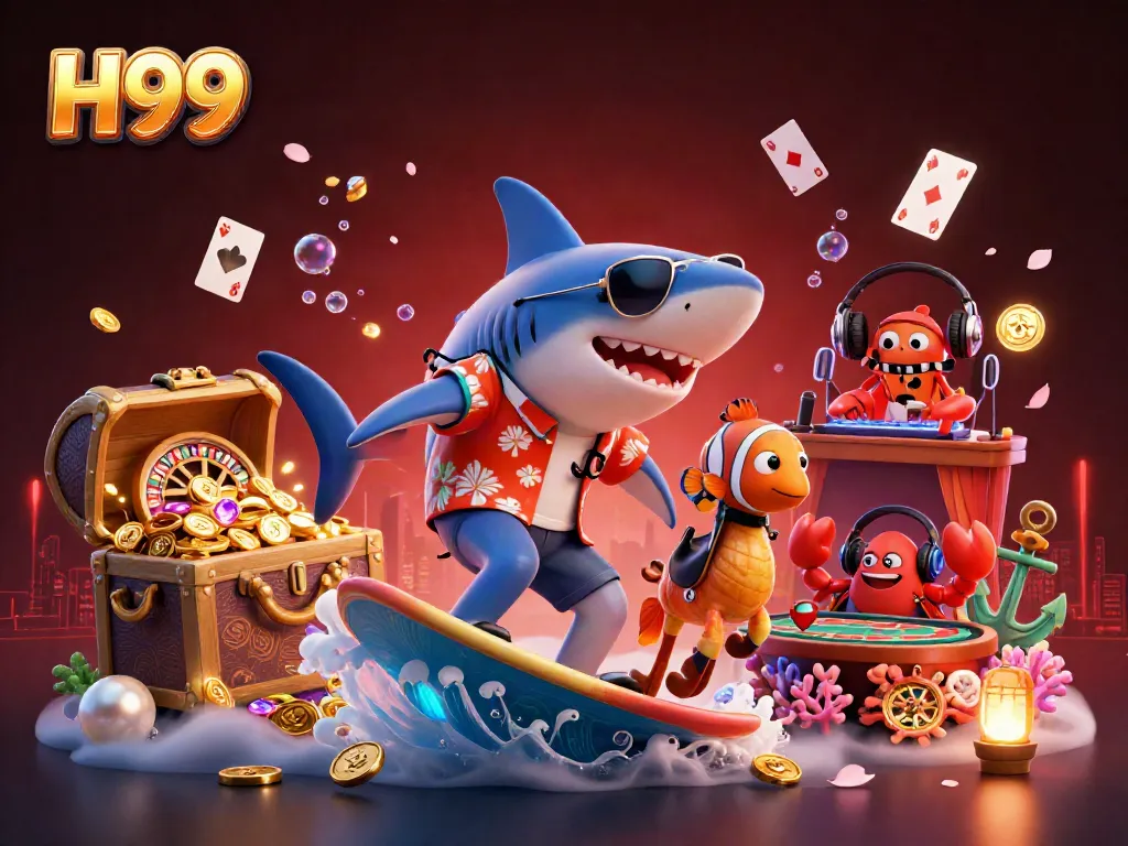 Experience thrilling H99 casino adventures with a shark, clownfish, and DJ crab in vibrant 3D.