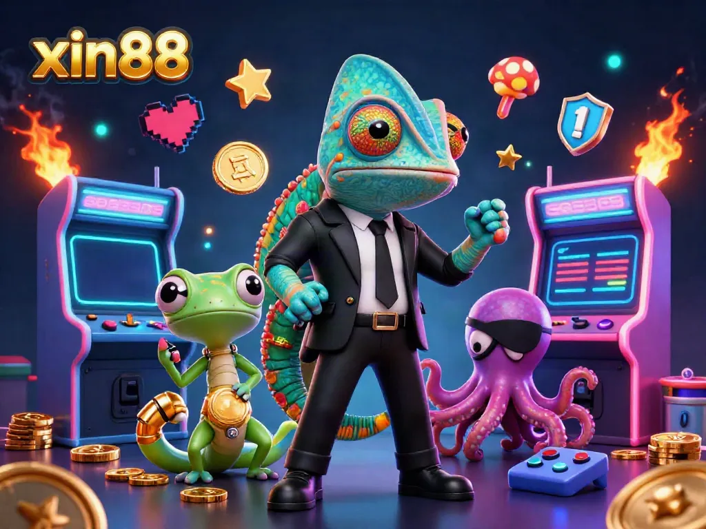 Engage in vibrant casino fun with xin88 featuring cartoon chameleon, gecko, and octopus characters.