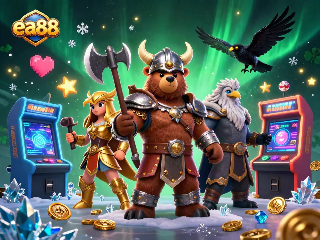 Chơi game tại ea88 với hình ảnh gấu Viking và đại bàng Valkyrie trong vùng đất cờ bạc.