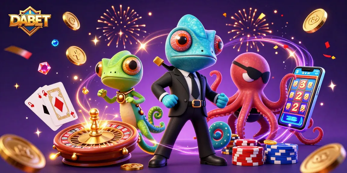 DABET showcases a dynamic casino scene with animated characters and vibrant gaming elements.