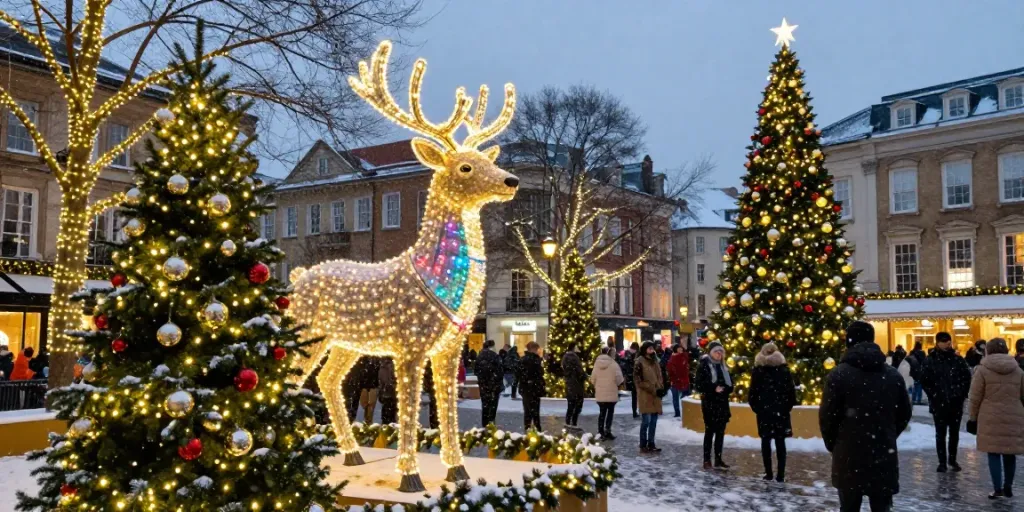 Professional Christmas lighting installation at https://adal-decorations.com/nl/home/ featuring a magnificent 3D LED reindeer and festive decorations in a winter town square.