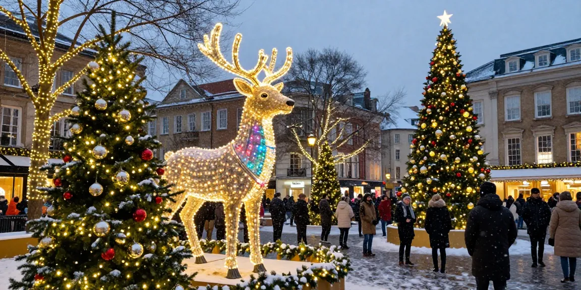 Professional Christmas lighting installation at https://adal-decorations.com/nl/home/ featuring a magnificent 3D LED reindeer and festive decorations in a winter town square.