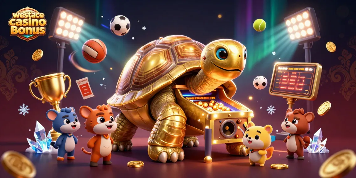Ervaar de westace casino bonus met een levendige illustratie van een gouden schildpad als flipperkast.