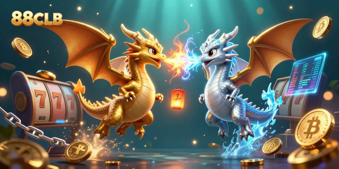 Engage in thrilling gaming with 88CLB as vibrant dragons and crypto elements highlight the action.