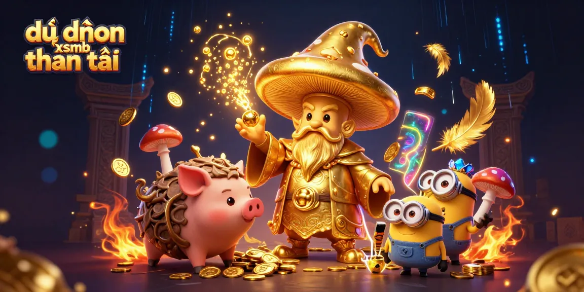 Engaging illustration of dự đoán xsmb thần tài depicting a magical golden wizard with treasure hunting pig and vibrant casino elements.