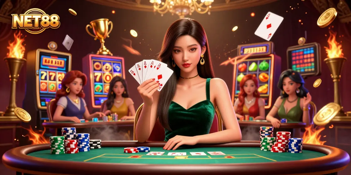 Experience the exciting atmosphere of NET88 with a glamorous poker scene showcasing intense gameplay and vibrant casino elements.
