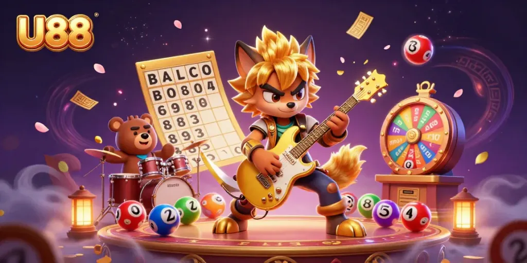 Experience the thrill of U88 with a dynamic casino scene featuring a rock star wolf and exciting game elements.