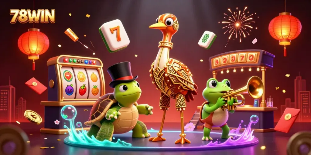 Experience the thrilling action of 78WIN with vibrant slots and animated characters in a lively casino scene.