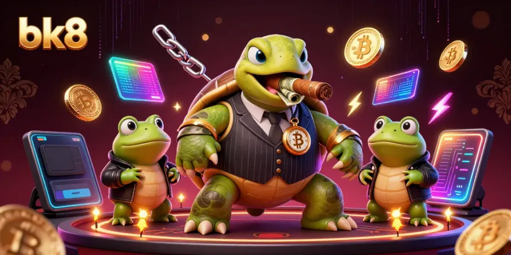 Experience the thrill of bk8 with a cartoon turtle mobster and bullfrog enforcers amidst glowing crypto elements.