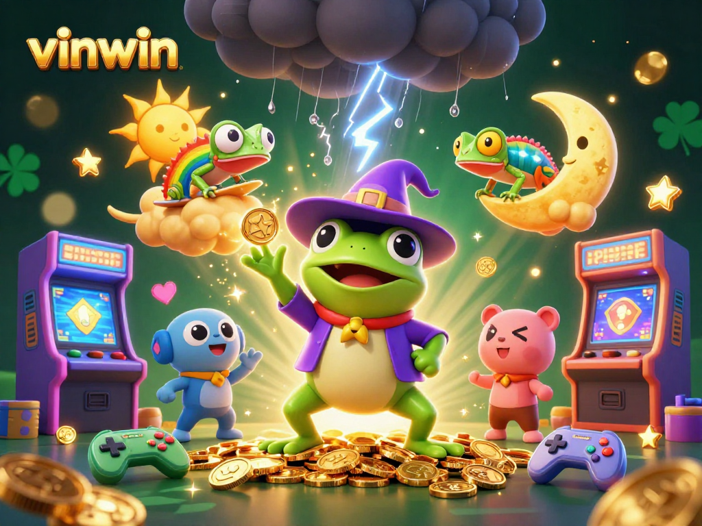 VINWIN's wizard frog and rainbow chameleon create a storm of golden coins in this vibrant gaming scene.