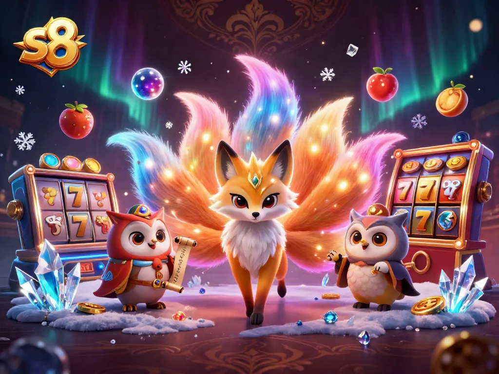 Experience thrilling slots action with s8, featuring a vibrant nine-tailed fox and dynamic jackpot elements.
