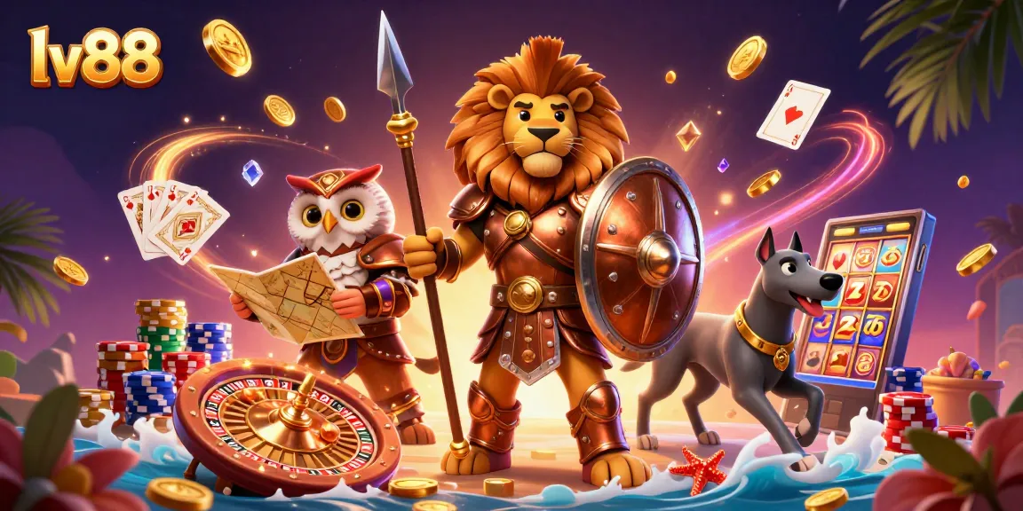 Experience thrilling wins at lv88, featuring a lion warrior, owl strategist, and greyhound messenger amidst casino excitement.